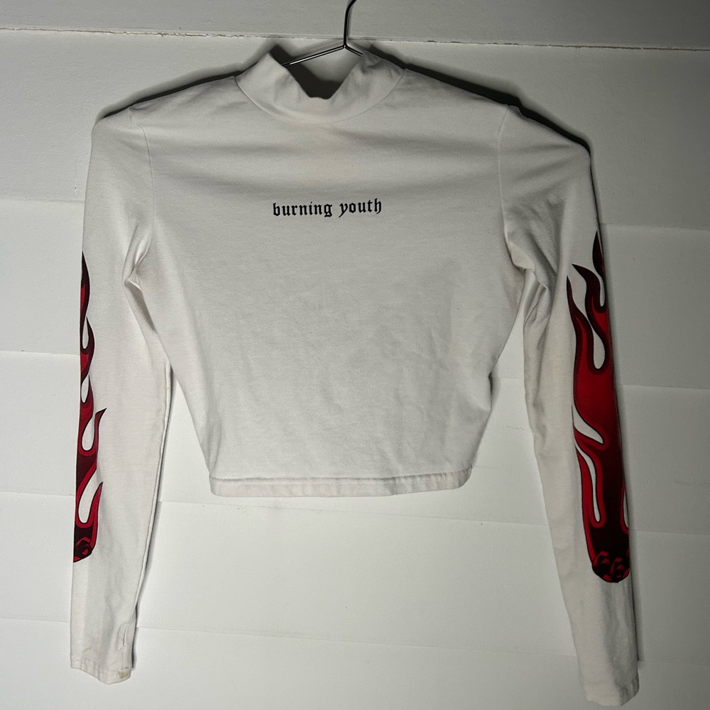 White Long Sleeve Crop Top with flames